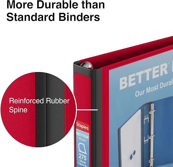 Staples Heavy-Duty 1-Inch D-Ring Binder, Red – 3-Ring Binder with Removable Spine Label, Durable Polypropylene for School & Office