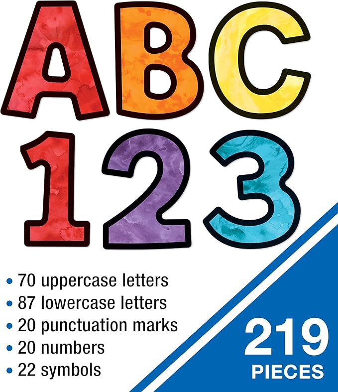 Carson Dellosa 219-Piece Watercolor Cutout Letters, 4" Colorful Upper and Lowercase Alphabet, Numbers, Punctuation, and Symbols for Bulletin Board, Posterboard, Party, and Classroom Decor