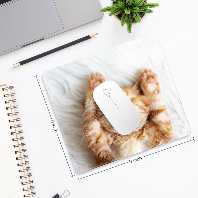 Mouse Pad, Minimalism Marble Style Computer Pad, Anti-Slip Rubber Mouse Mat with Stitched Edges for Gaming, Office, Laptop, PC, Women, 9" x 8" Thick 3 mm, Cute Cat