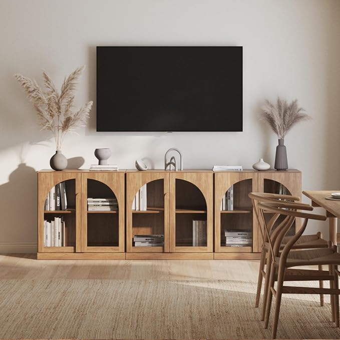 BELLEZE 2 Tier Bookshelf with Arched Glass Door, Set of 3 Modern Display Bookcase Shelf with Storage and Adjustable Shelves, 94" Wood Bookshelves for Living Room Office Entryway (Camel)