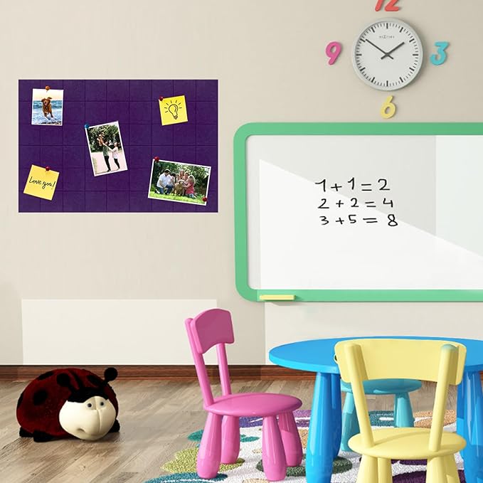 Large Square Felt Cork Board Tiles, Self Adhesive DIY Felt Bulletin Board Pin Board with 35 Pushpins for Office School Home Wall Decor Stickers Memos Photos Display (Purple)