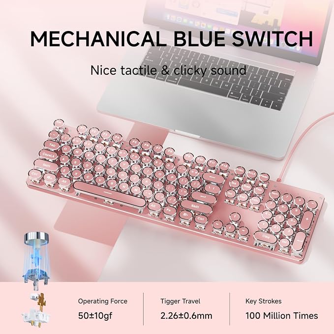 Wired Typewriter Style Mechanical Keyboard with White Backlit, Cute-Pink | Retro Punk Round Keycaps, Metal Panel, Clicky Blue Switch, 104 Keys Full Size Desk Setup for Windows PC, Mac, Desktop, Laptop