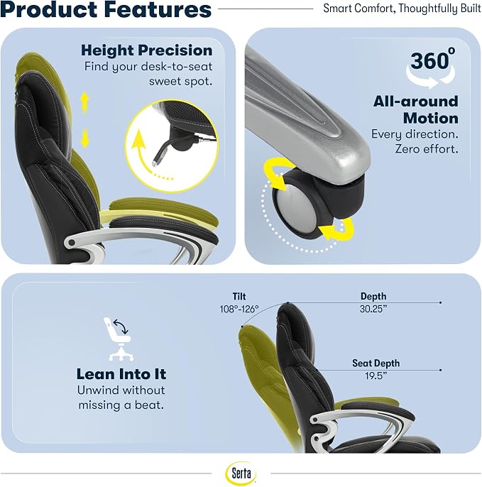 Serta Bryce Executive Office Chair - Ergonomic Computer DeskChair with Lumbar Technology - Adjustable Height - Memory Foam Body Pillows - 360° Swivel Rolling Base - Bonded Leather - Black
