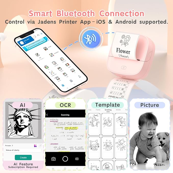 Gloryang JD-23 Sticker Printer, Mini Portable Thermal Printer Print Pod, Inkless Bluetooth Label Maker Machine for DIY Crafts, Journaling, Office & Home Use, 2 Rolls Sticker Paper, Pink