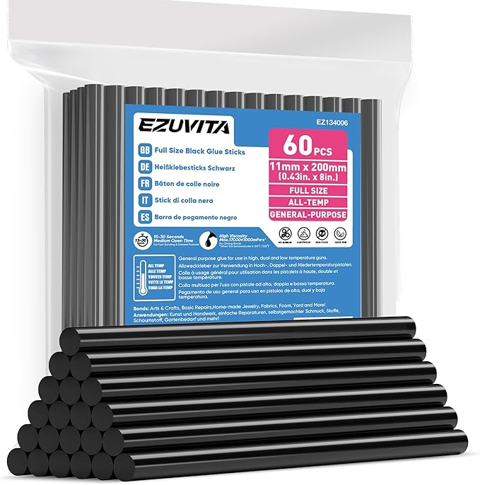 EZUVITA Full Size Hot Glue Sticks, 0.43” Dia x 8” Long, 60-Pack Black Hot Melt Glue Gun Sticks for All-Temp Full Glue Guns, Multipurpose for DIY Art Craft General Repairs, Festival Decorations