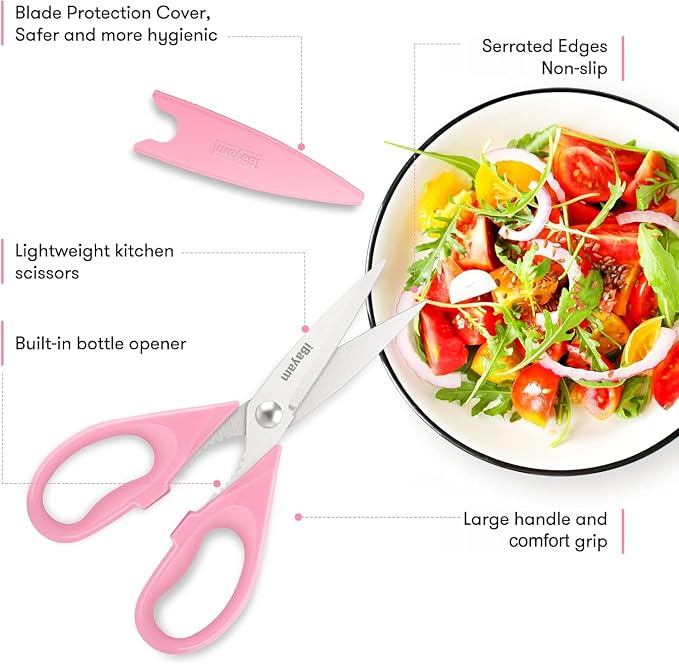 iBayam Pink Kitchen Scissors All Purpose Heavy Duty & Comfort Grip & Cover | 2-Pack Pink Kitchen Utensils Gadgets for Cooking & Baking, Dishwasher Safe, 8.7" Stainless Steel Sharp Scissors Food Poultry