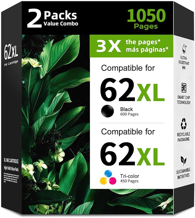 62XL Black Color Ink Cartridge 2 Pack Replacement for HP 62 XL HP62 HP62XL | High Yield Vivid & Crisp Combo Pack for OfficeJet 250 200 5740 5745 8040 ENVY 5660 7640 5540 7645 8000 5640 5665 5741 Printer