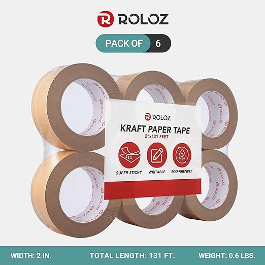 Brown Kraft Paper Packing Tape 6-Pack 2in x 44 yd – Strong Adhesive, Hand-Tearable, Writable Shipping Tape for Boxes – Ideal for Packing, Moving, Storage, Mailing, and Shipping
