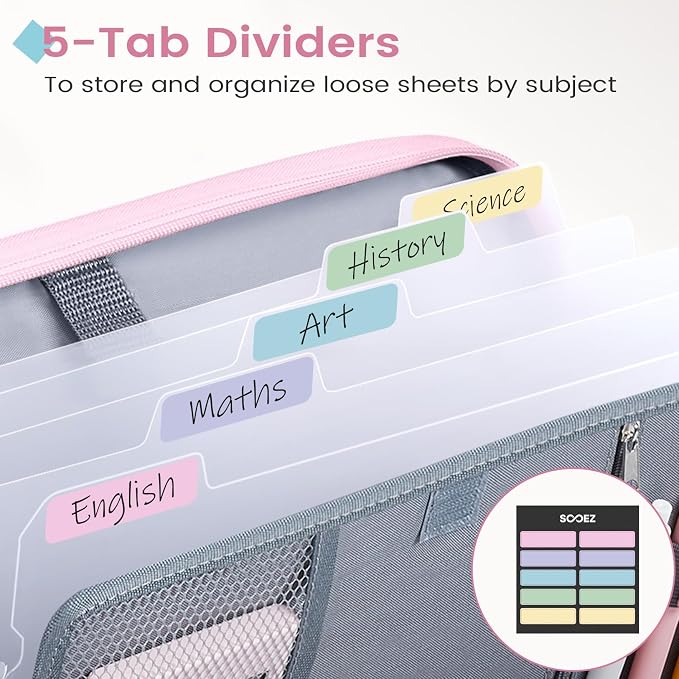 Sooez Zipper Binder Bag, 1 Inch Binders 3 Ring O-Ring, 5-Tab Divider Folder | Expanding File Folder, 500-Sheet Capacity Three Ring Binder, Organizer Storage Student School Classroom Supplies, Deep Purple