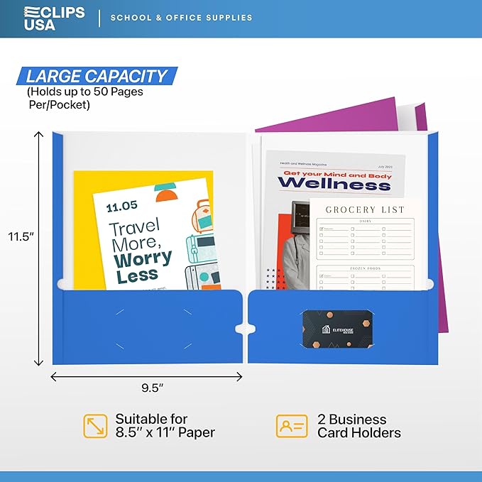 Folders with Pockets 2 Pocket Folders Bulk, Holds 100 Sheets (50 per Pocket) Assorted Colors, Office Or School (100 Pack)