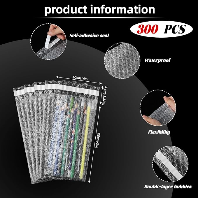 Frienda 300 Pcs Self Adhesive Bubble Bags Packing Pouches, 4" X 8" | Double Wall Clear Protective Wrap, Shockproof for Small Business Shipping Packaging, Cushioned Fragile Items Protection