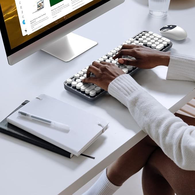 KNOWSQT Wireless Keyboard and Mouse Combo - White-DarkBlue Full-Sized 2.4 GHz 104 Keys Typewriter Keyboard, Flexible Round Keycap and Optical Mouse for Windows, Computer, PC, Laptop, Desktop, Mac