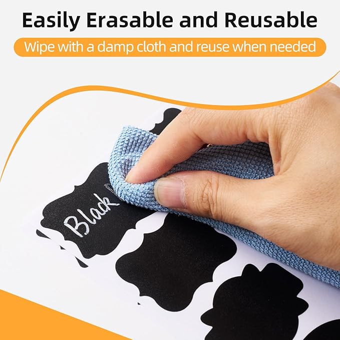 360Pcs Chalkboard Labels – 2.1x1.4 Inch Reusable Blackboard Stickers with 2 White Erasable Chalk Markers, 12 Assorted Shapes, for Mason Jars, Food Containers, and Pantry Storage