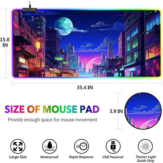 AIMSA RGB Gaming Mouse Pad, Large Mousepad with 14 Led Light Modes, Keyboard Pad Gaming Accessories for Desk, Non-Slip Rubber Base Mouse Mat for Gamer, Modern Urban Night Scene