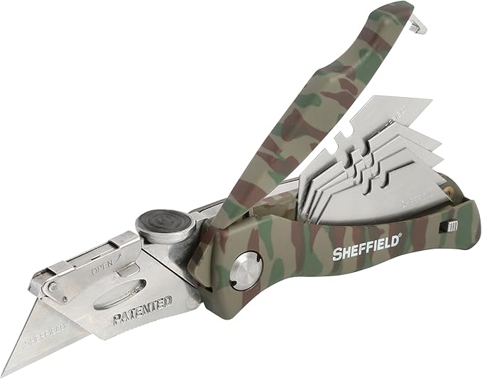 Sheffield Folding Utility Knife, Accepts Standard Utility Knife Blades, Box Cutter, Razor Blades Included, For Home, Office, Trades, and Warehouse