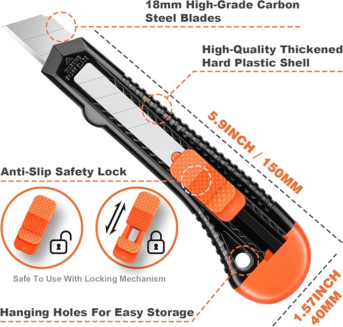 3 Pack Utility Knife Box Cutter Retractable, Compact Box Knife for Cartons, Cardboard and Boxes, with 10 Piece 18mm Wider Snap-off Blade Razor Sharp Blade, Perfect for Office and Home Use