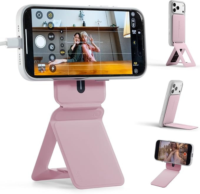 MOFT Phone Stand, Magnetic Phone Tripod Stand Stain-Resistant MOVAS Leather & Angle Adjustment & Strong Magnets Tripod for iPhone 17/16/15/14/13/12 (Included Metal Ring)-Blush