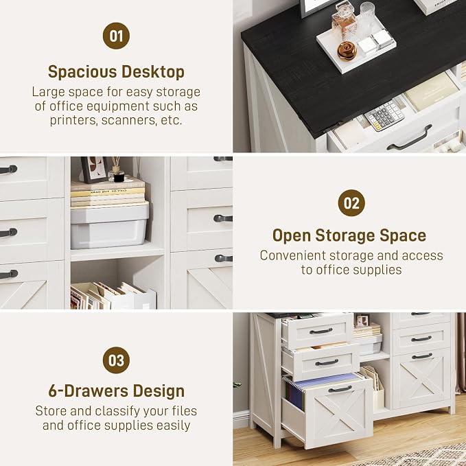 Farmhouse Lateral Filing Cabinet, Lateral File Cabinet with 6 Drawers and Adjustable Shelf, Large Printer Stand with 2 File Drawers for Letter/A4 Size Hanging Files for Home Office, White and Black