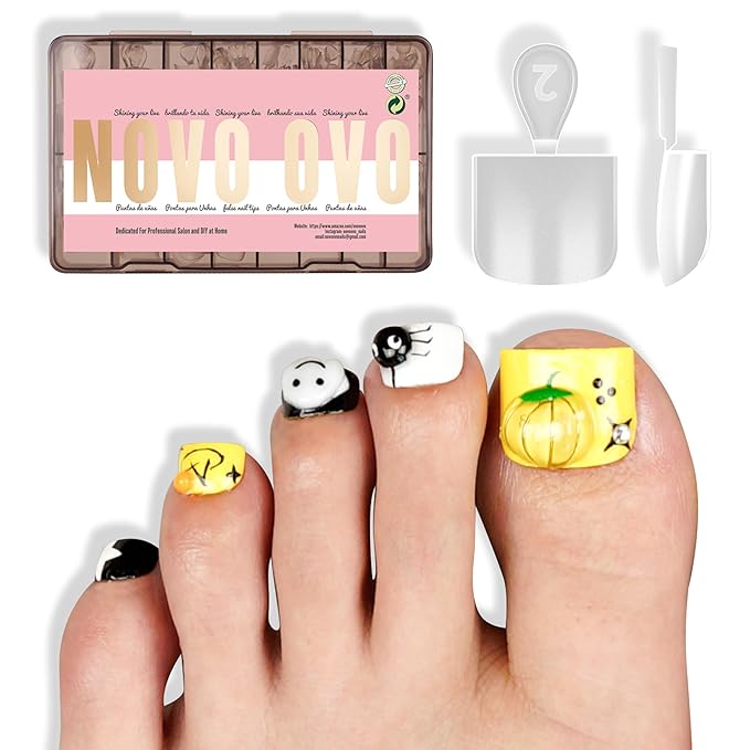 NOVO OVO Extra Short XS XXS Toe Nail Tips Sharp Square Press on Full cover, Soft Gel False Toenail Extension Kit, Pre-etched Clear Matte Fake Nails for Salon DIY Acrylic Pedicure x 16 Sizes 224 Pcs