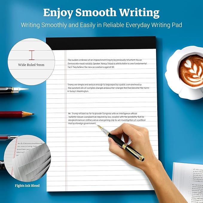 White Legal Pads 8.5 x 11 Notepads, 12 Pack Writing Paper Note Pads 8.5x11 | Perforated Wide Ruled Lined Writing Pads 30 Sheets for Home Office School Work, Legal Notepads Double-Side Printed Per Pad