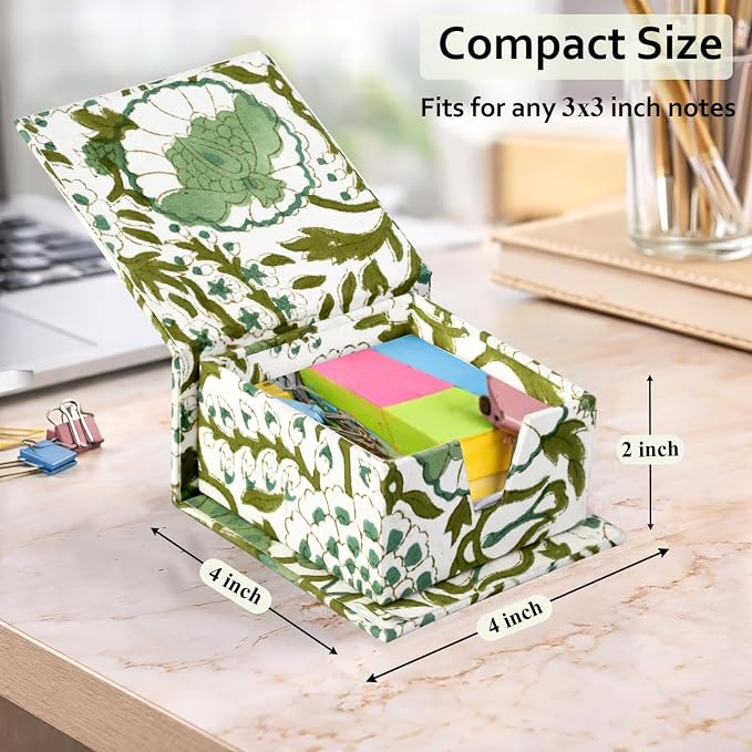 CPC Agate Green Block Print Cotton Desk Organizer Sticky Note Holder | Cute, Aesthetic, Decor Accessories, Workspace Organizers, Caddy Storage, Gift for Office, Professionals, Student