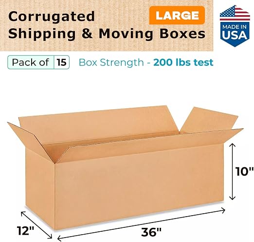 Large Shipping & Moving Boxes 36"L x 12"W x 10"H (15-Pack) - Extra Strength 200 lb vs Regular - Corrugated Boxes for Packaging Moving Stuff - Durable Box Moving - Corrugated Box by IDL Packaging | Extra Strength 200 lb vs Regular - Corrugated Boxes for...