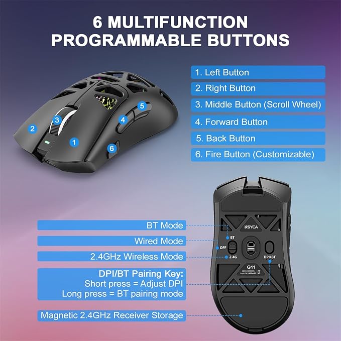 G11 Lightweight Wireless Gaming Mouse for FPS & Competitive Gaming, Tri-Mode Bluetooth 5.1/2.4GHz/USB-C, 22000 DPI RGB Mouse with Programmable Buttons for PC, Laptop & Mac (Black)