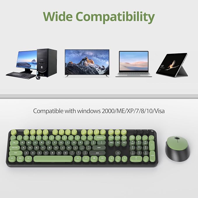 Wireless Keyboard and Mouse Set, Retro Typewriter Dark Green | 1600DPI Full Size With Number Pad & Mouse,Compatible With All Windows,Ideal For Computer, PC, Notebook, Laptop