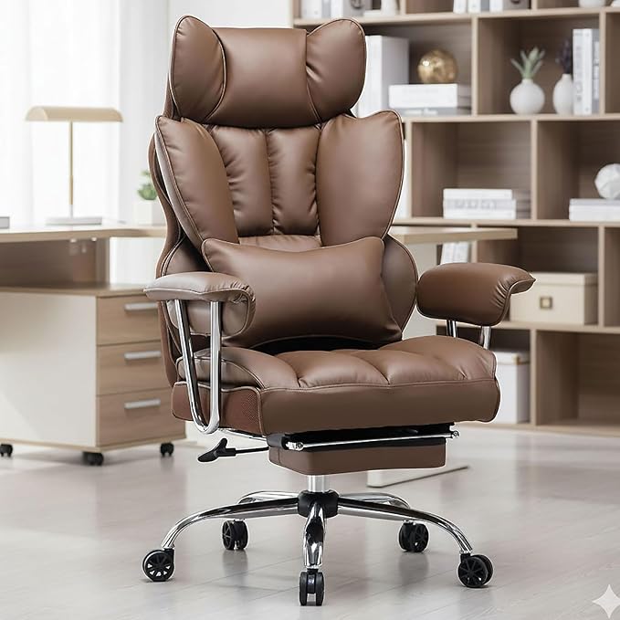 Efomao Big and Tall Office Chair 400lbs – PU Leather Executive Office Chair with Lumbar Support & Leg Rest, Heavy-Duty Computer Chair for Home Office, Brown | 400lbs support, 135° recline, dual-layer foam cushion, 23.5" seat & footrest. BIFMA