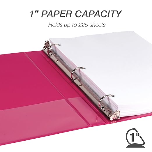 Samsill Durable 1 Inch Binder, D Ring Binder, Customizable Clear View Cover, Magenta, Holds 225 Pages