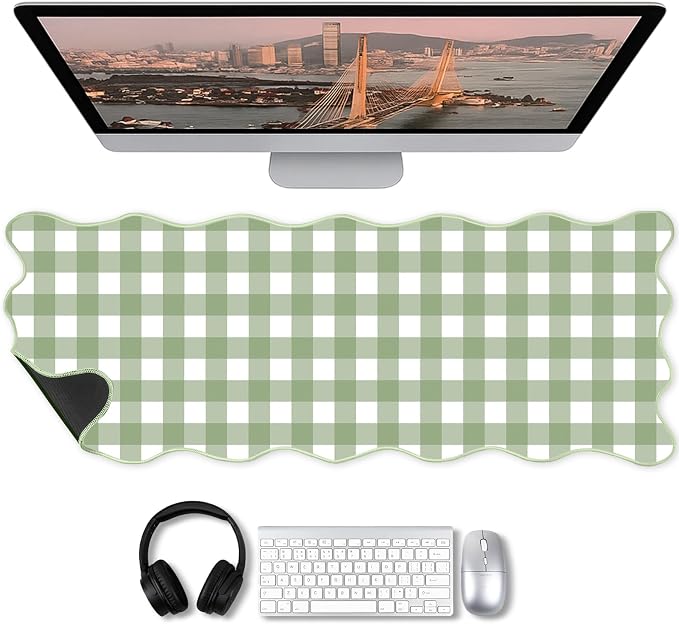 1 Pcs Scalloped Green Gingham Desk Mat 31.5 x 11.8 Inch Large Cute Mouse Pad Computer Mat Non Slip Waterproof Rubber Base with Border Stitching Soft Keyboard Pad for Home Office Gaming Makeup
