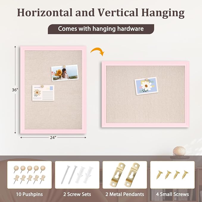 DOLLAR BOSS Bulletin Boards with Linen, 36"x24" White Cork Board, Pink | Corkboards for Walls, Framed Pin Board, Picture Display Vision Board, For Office Home School Girls Dorm Decor, 10 Pushpins