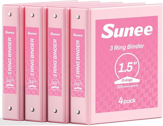 SUNEE 1.5 Inch Binders 3 Ring 4 Pack, Clear View 1 1/2 Inch Binders Three Ring PVC-Free (Fit 8.5x11 Inches) for School or Office Supplies, Pink