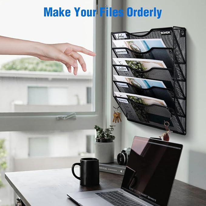BOHDK Wall File Organizer, 5 Tire Hanging File Folder Mail Organizer, Vertical Mesh Metal Door/Wall Mount Hanging File Holder, Paper Document Magazine Rack with Hooks for Home Office Black