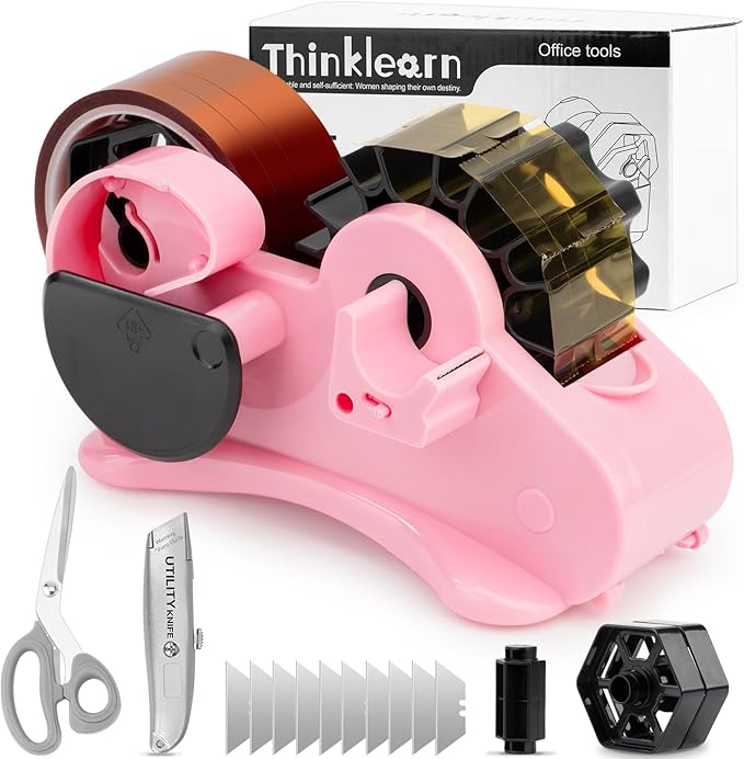 THINKLEARN Heat Tape Dispenser - Sublimation Heat Transfer Tape Dispenser with Scissors and Utility Knife, 1 '' & 3'' Core, Multi-Roll Pre-Cut Tape Dispenser, Light Pink