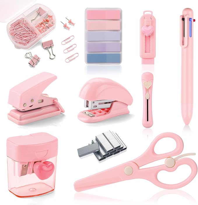 Pink Mini Office Supply Kit Mini School Supplies Desk Accessory Set Includes Mini Stapler Pencil Sharpener Staple Remover Hole Punch Ballpoint Pen Scissor Box Cutter Paper Clips Sticky Index Tabs