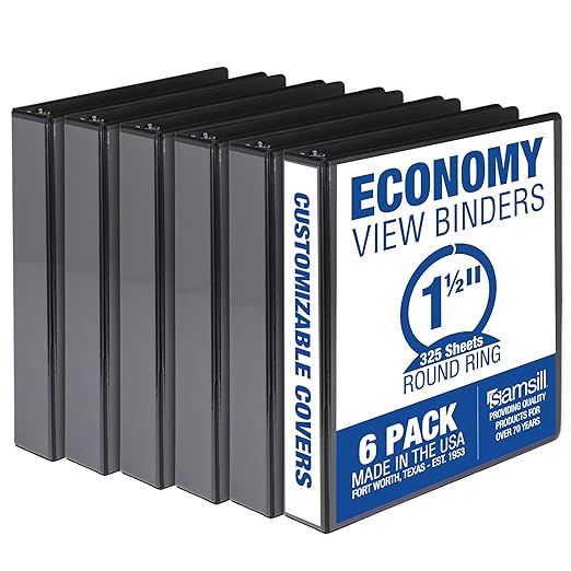 Samsill 1.5 Inch 3 Ring Binders, Economy Round Ring, Clear View Cover, 325 Sheet Capacity - for School, Home, Office - Black, 6 Pack