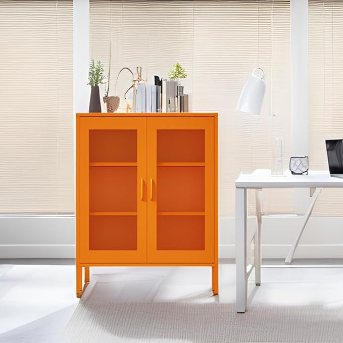 Washsemba Metal Storage Cabinet with Mesh Doors,Steel Display Cabinet with Adjustable Shelves,Metal Office Storage Locker for Home Office,Garage (Orange, 40''H)