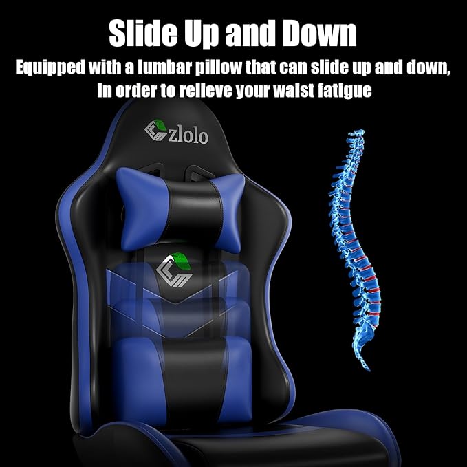 Gaming Chair, Ergonomic Office Computer Chair with Footrest and Lumbar Support Massager Racing Style High Back Video Gamer Chair, Wide＆Thick Cushion, 90°-135° Recline, Adjustable Height, Blue