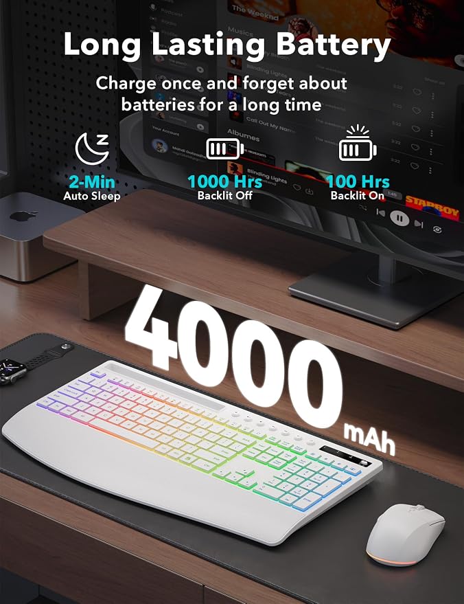 Trueque Wireless Keyboard and Mouse Combo, 4000mAh Battery, Wrist Rest | Rechargeable, 15 Backlit Effects, Full Size, Phone Holder, Quiet Typing, 2.4GHz Wireless, USB-A & C Connectivity for Windows