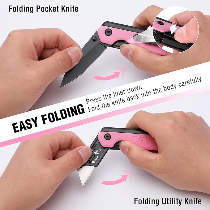 WORKPRO 2-in-1 Folding Knife/Utility Knife, Quick-Change Box Cutter with Belt Clip, Liner Lock, and G10 Handle, Extra 10 SK5 Blades Included - Pink Ribbon