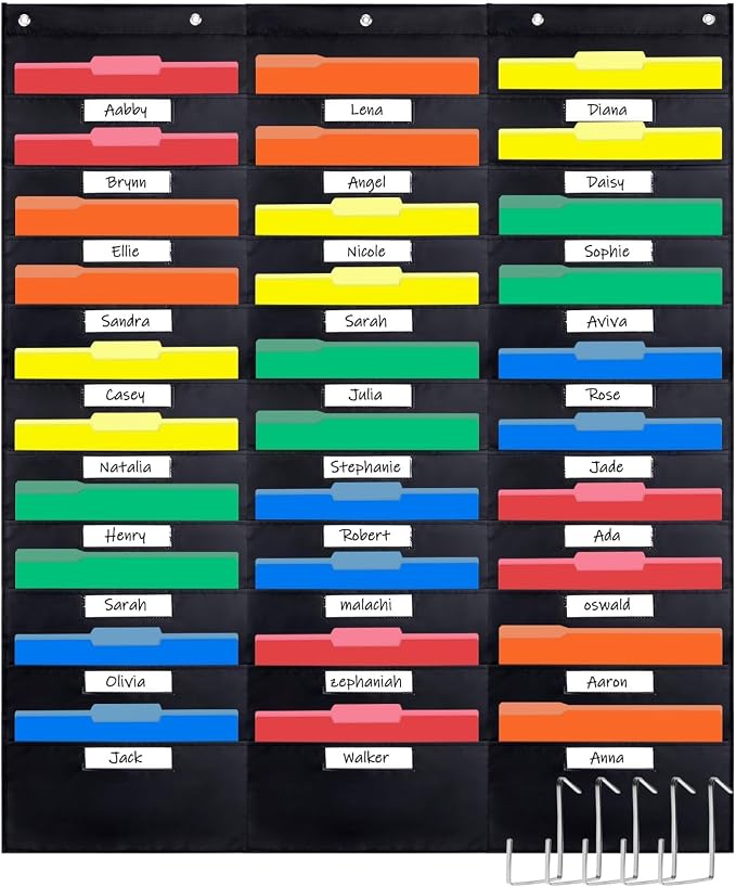 Opret 30 Pockets Storage Pocket Chart with 30 Nametag Pockets, Hanging Wall File Organizer for File Folders with 5 Hangers for Classroom, Office, School Mailbox Organizer and Home (Black)
