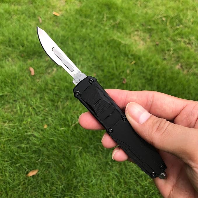 EDC Retractable Scalpel Knife, Fast Open Utility Knife, Auto Box Cutter with 10PCS #23 and 3PCS 0.4mm thick #60 Scalpel Blades (Black)