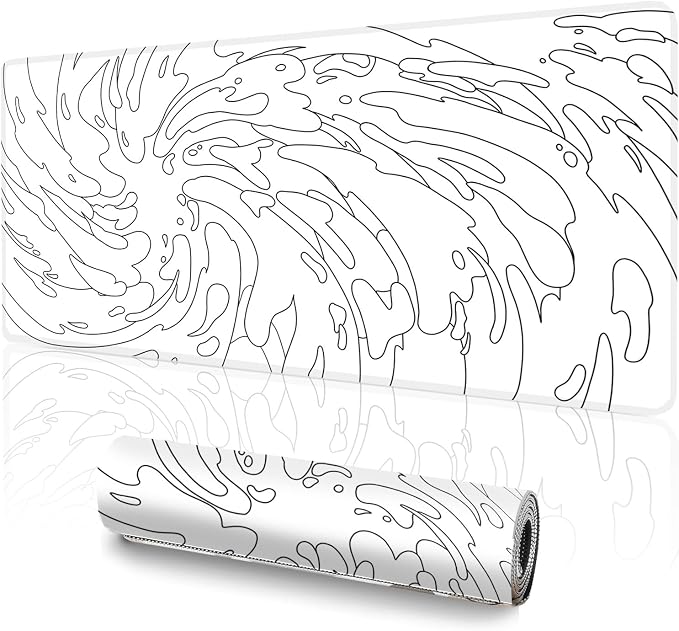 Gaming Mouse Pad L (31.5x11.8in) - Abstract White Line Art Waves, Japanese Doodle Style - Desk Mat, Water Resistant Surface
