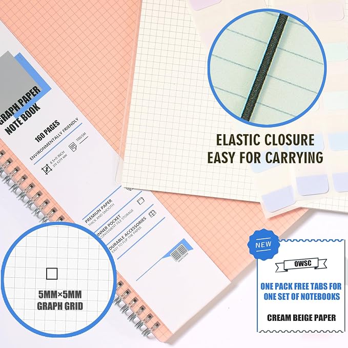 OWSC 3 Pack Graph Spiral Notebook, Hardcover Notebooks for Work A4 Graph | 5.9 x 8.3 IN Notebooks College Ruled for Note Taking, School and Journal with 80 Sheets/160 Pages 110 GSM Thick Papers