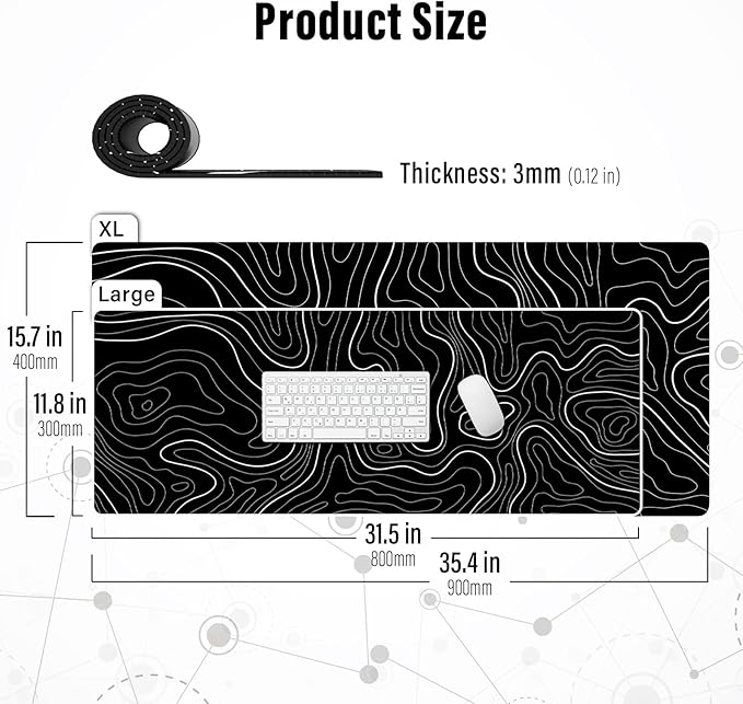 Ovenbird Large Gaming Mouse Pad with Stitched Edges, Minimalist Topographic Map Mouse Pad, Extended XL Mousepad with Anti-Slip Base, Cool Mouse Pad for Keyboard and Mouse, 35.4 x 15.7 in, Black