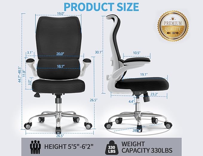 TRALT Office Chair Ergonomic Desk Chair - Gaming Chair with Lumbar Support | 330 LBS Home Office Desk Chairs , Reading Chair with Flip-up Armrests, Comfortable Computer Chairs (1, White Black)