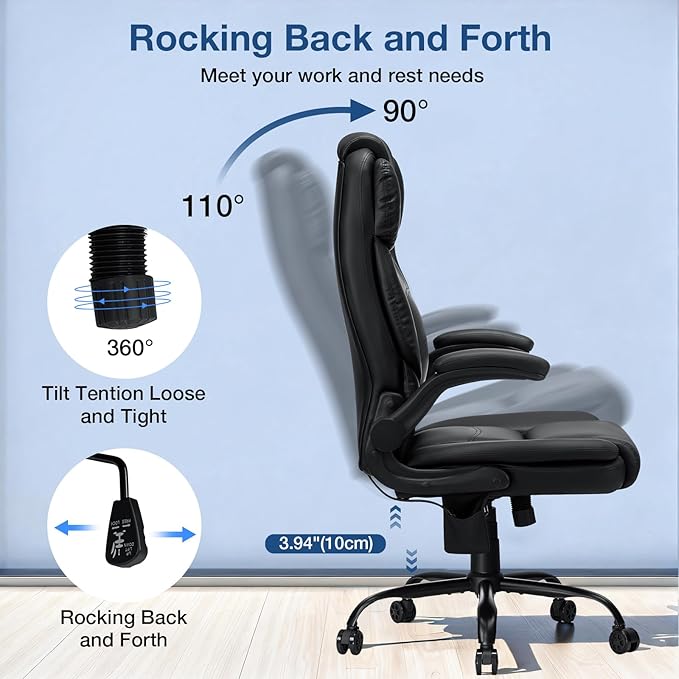 450lbs Executive Office Chair with Inflatable Lumbar Support, Heavy Duty Office Chair for Heavy People, Big and Tall Ergonomic Comfy Chair with Flip-Up Armrests, Breathable PU Leather (Black)