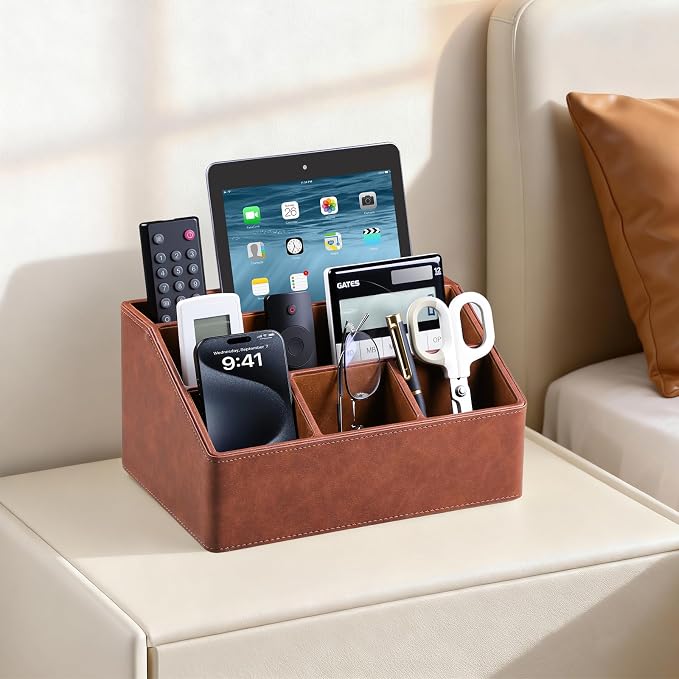 PU Leather Desk Organizer, Remote Control Holder, Brown | Luxury Nightstand Organizer for Home, Office Desk Accessories, Bedside Table Caddy with 5 Compartments, Velvet Lining