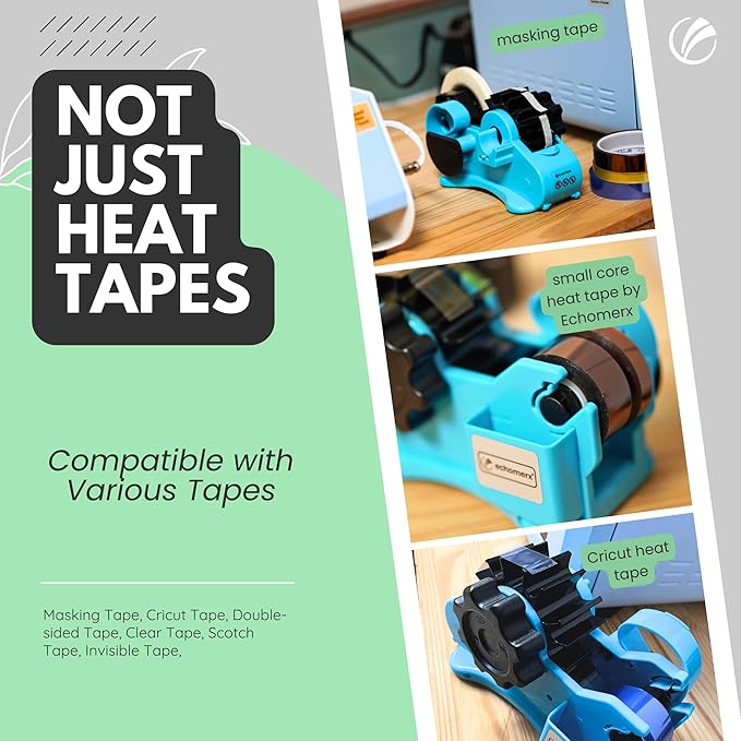 Echomerx Original Tape Dispenser Multi-Roll - Pre-Cut Sublimation Heat Resistant, Cricut, Transfer, Thermal, Press, Thin Double-Sided & Scotch Tapes, 1" & 3" Large Core, Blue